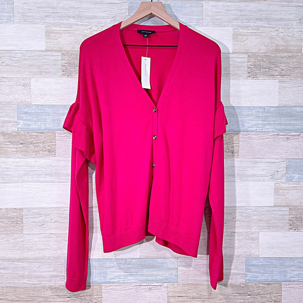 ANN TAYLOR Ruffle Sleeve Button Up Cardigan Sweater Pink V Neck Womens XL